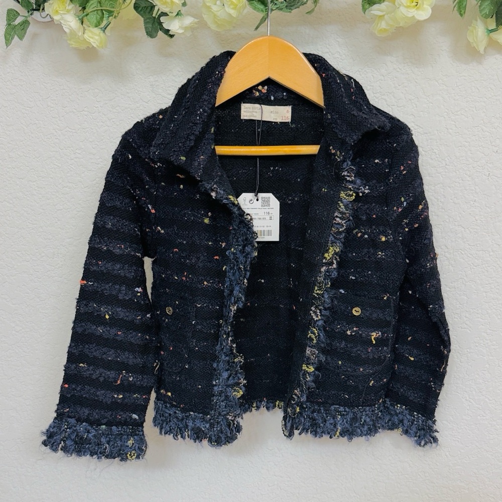 Zara • Navy Tweed Inspired Cropped Preppy Cozy Jacket with Multicolor Flecks